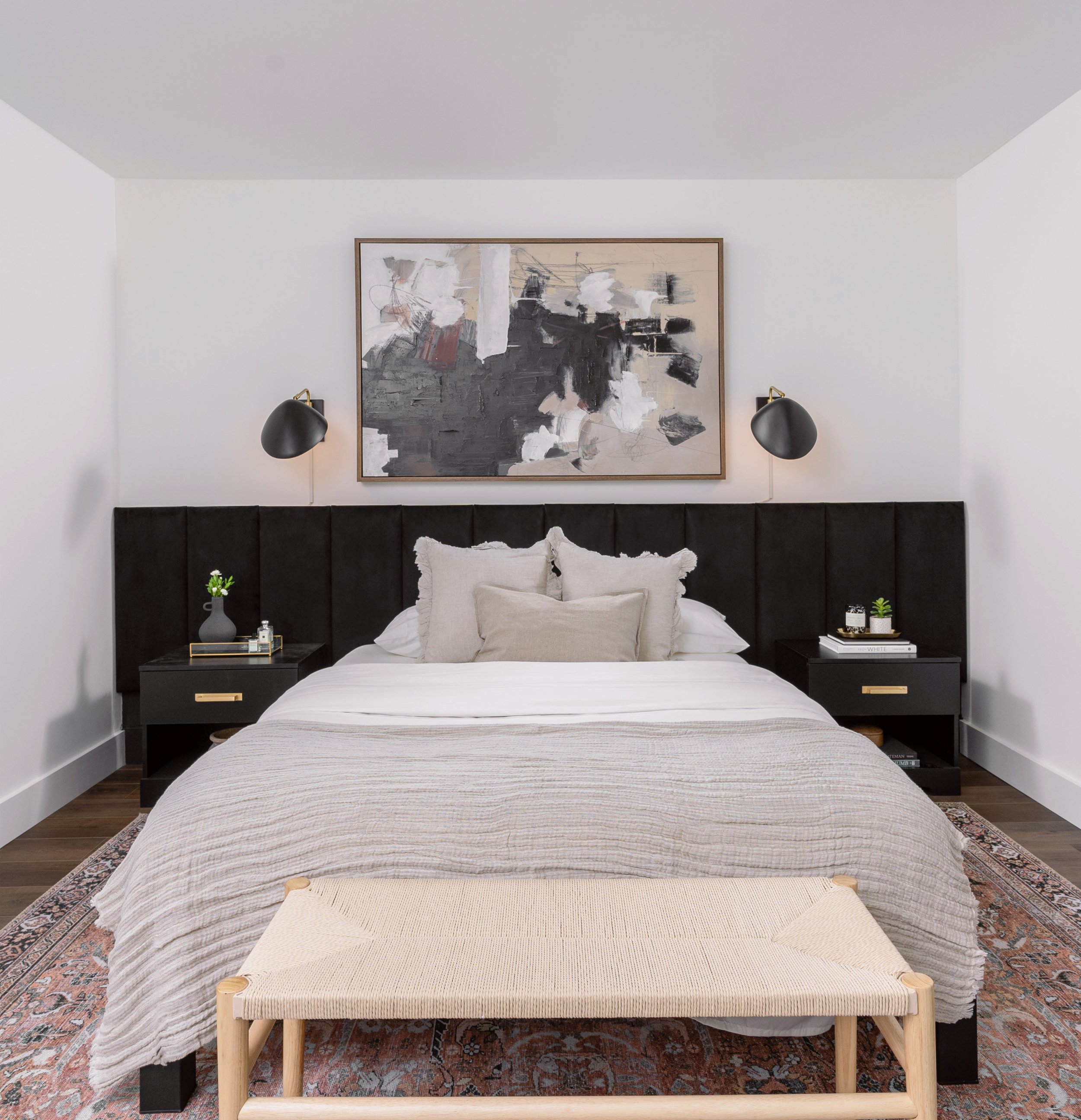 Leah Simpson Design bedroom luxury black headboard hotel contemporary Collingwood