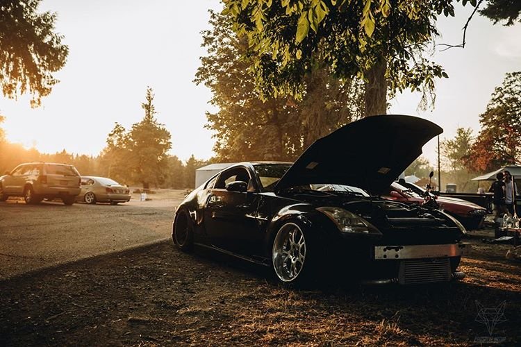 A black sports car with its hood open parked on grass near trees, with other vehicles and people in the background during sunset.