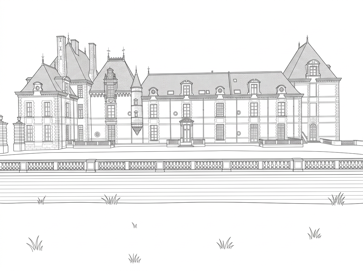 line drawing by floral artist angelique renee of a chateau in the loire valley