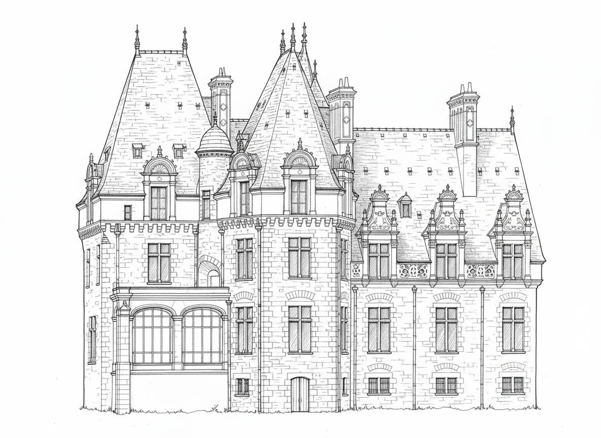 artistic rendering in line drawing of a chateau for a wedding in france