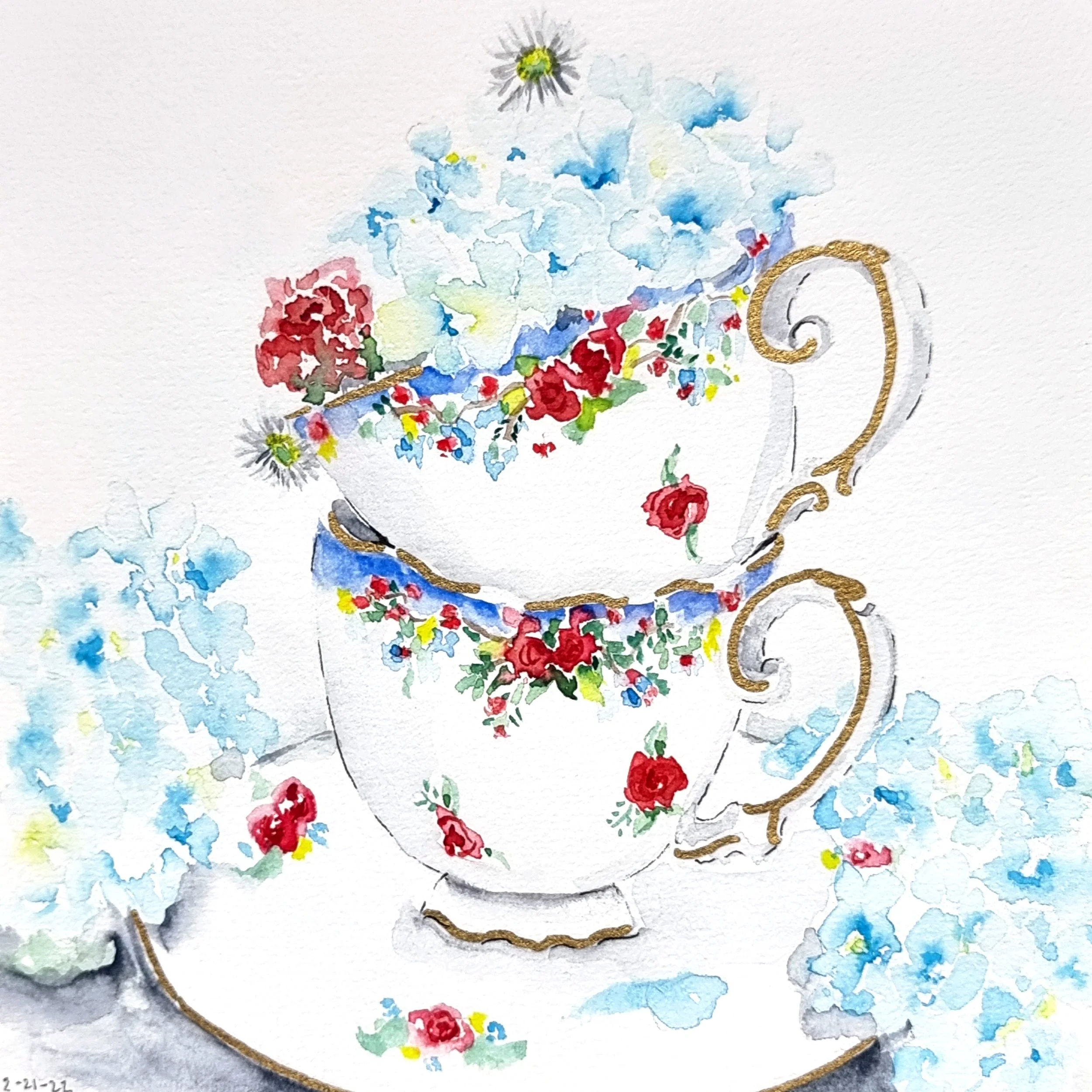 Watercolor painting of blue floral teacups with flowers stacked for a wedding floral artist