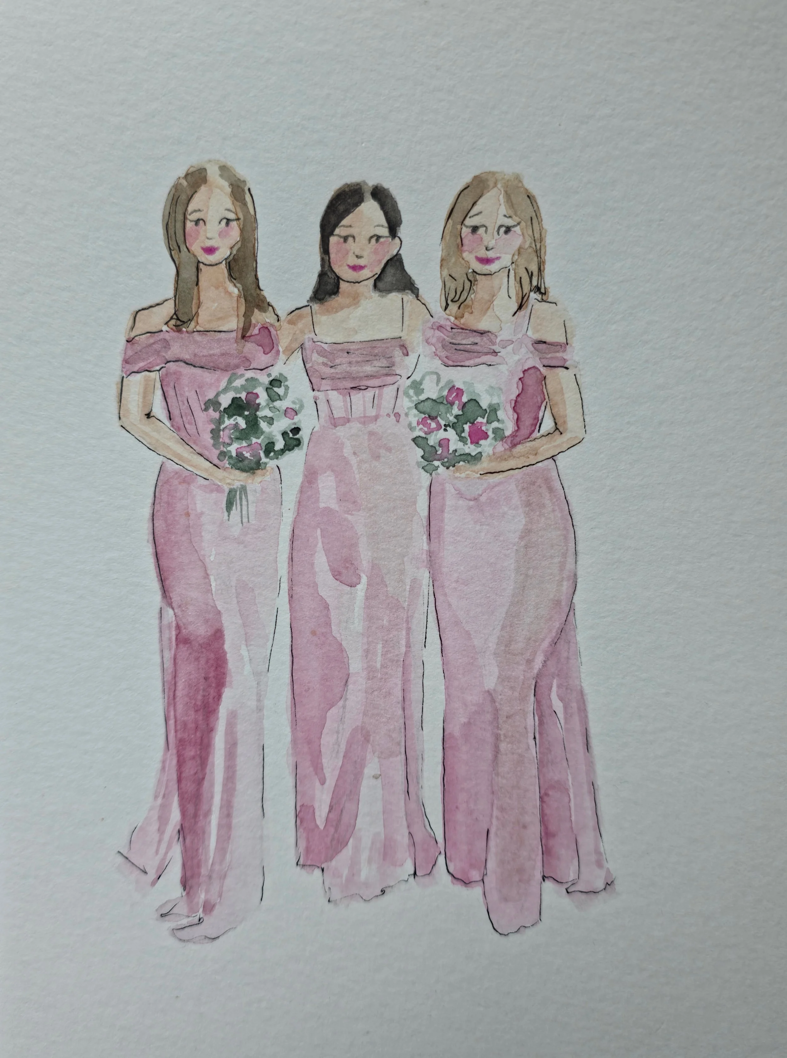 watercolor painting of 3 bridesmaids in pink holding floral bouquets