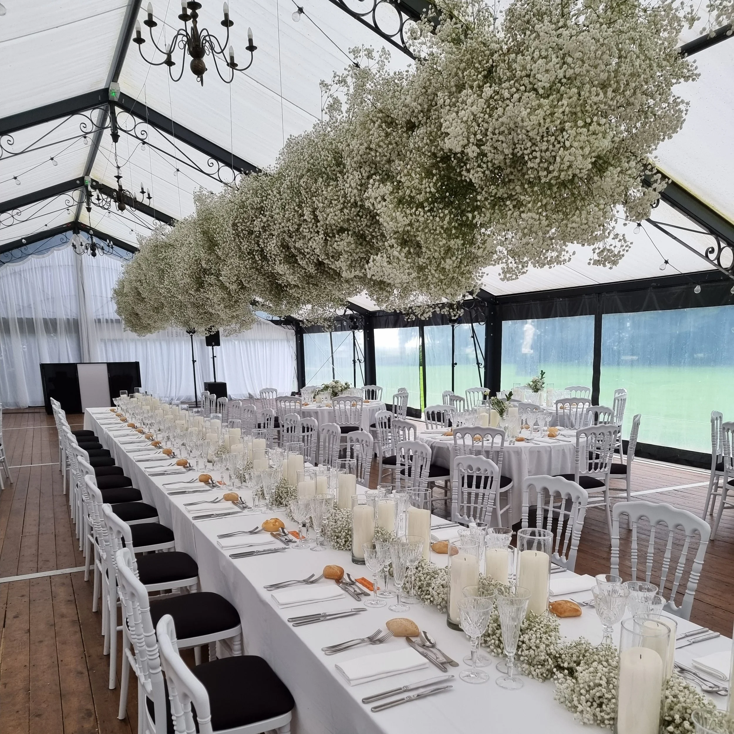 A cloud of baby's breath or gypsophile hangs over a wedding dinner table with a garland of baby's breath down the middle
