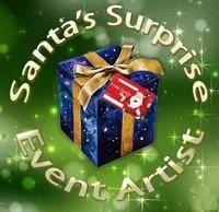 A festive graphic with a wrapped gift box with a red ribbon and a gift tag, surrounded by green sparkling text that reads 'Santa's Surprise Event Artist'.