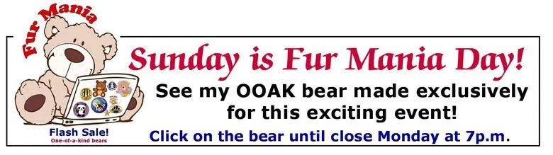 Promotional flyer for Fur Mania Day featuring a cartoon bear with a laptop and smaller bears, announcing an exclusive event, flash sale, and urging to click on the bear for more details.