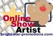 Graphic advertisement featuring a cartoon bear with a red nose and a speech bubble saying 'Online Show.'