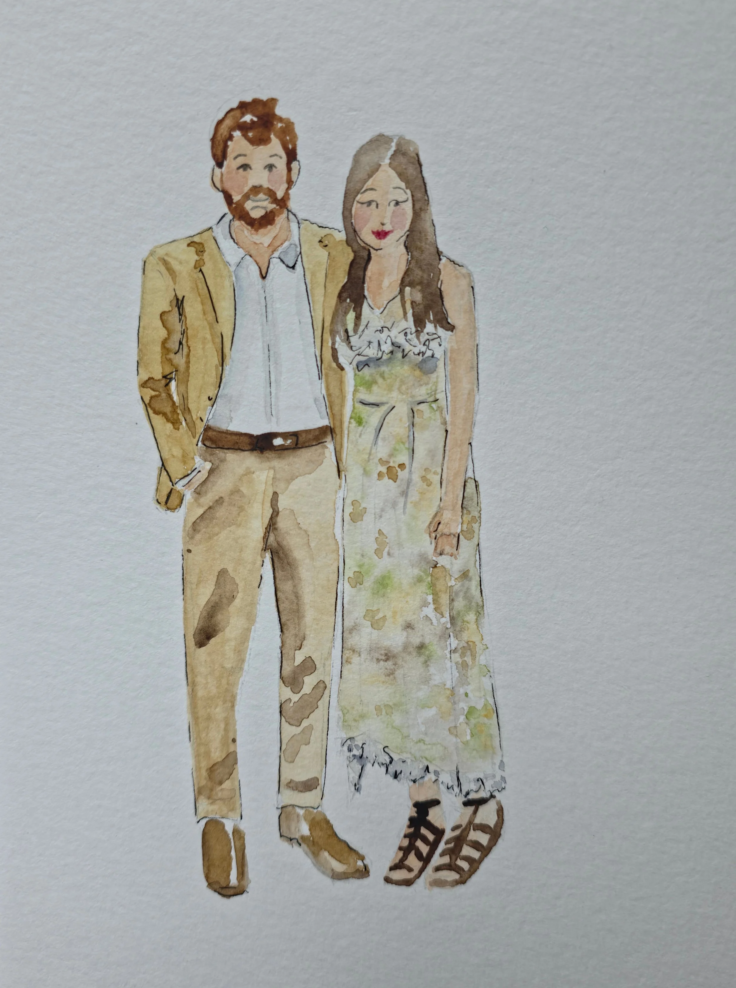 watercolor painting of a wedding guest couple dressed in orchre colored clothes