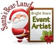 Santa Claus holding a sign that says 'Bright Stars' Event Artist' with holly decorations, surrounded by Christmas theme elements.