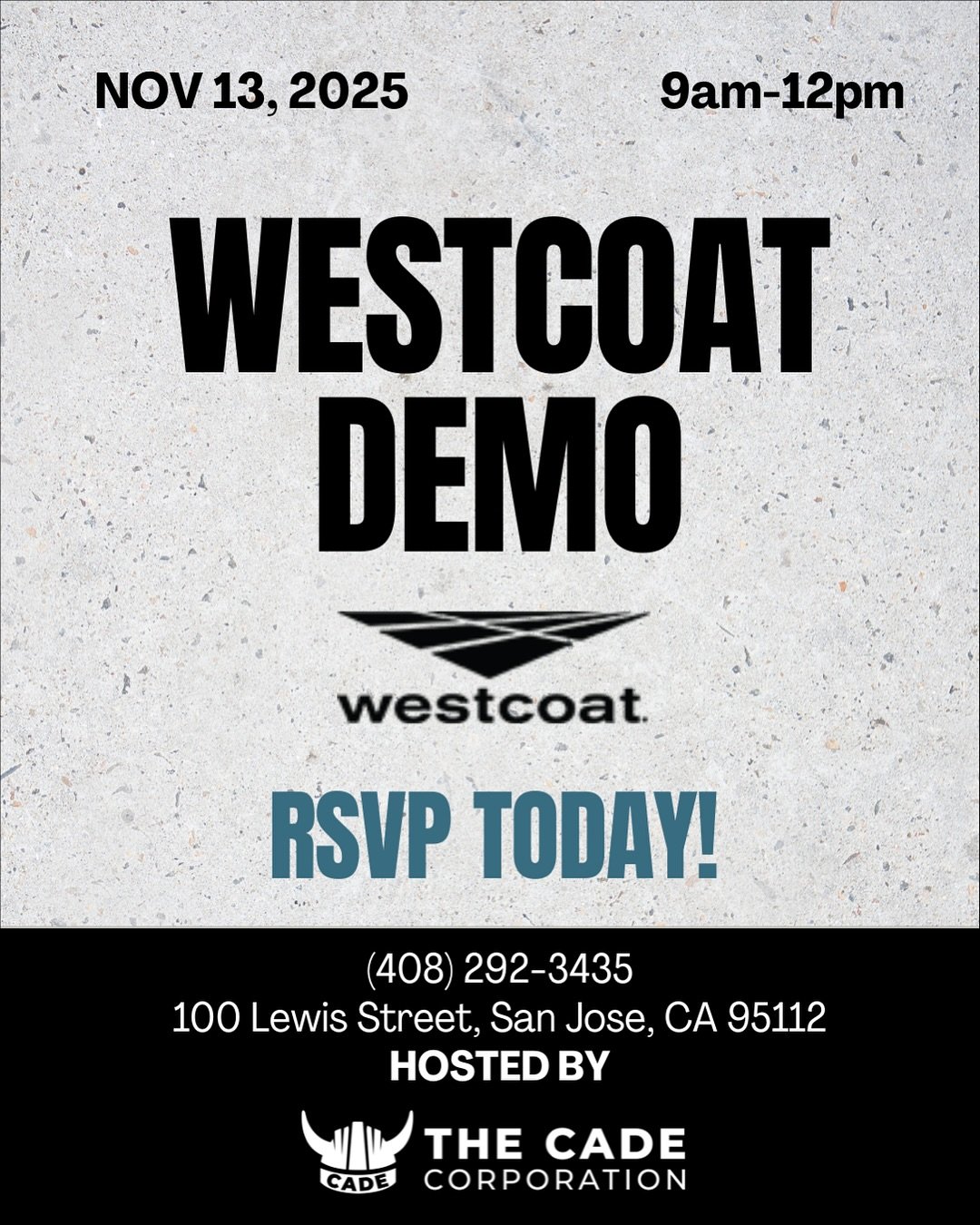 📅 Westcoat Demo Nov. 13! Sign up today!

Our wonderful partners @westcoat @vega.gene @bill_england74 will be demonstrating EC-36 Epoxy w/ Color Pack, EC-15 Moisture Vapor Barrier, Dubro Quartz Epoxy, Temper-Crete SL &amp; SLB, and Tidalstone Thin Fi