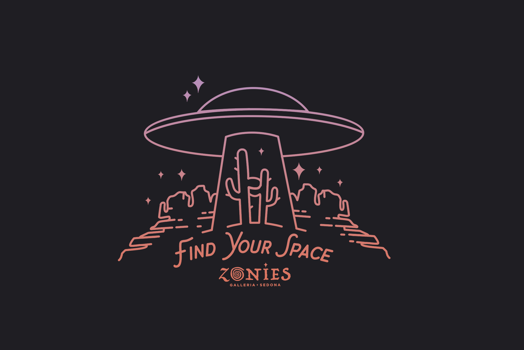 UFO over Sedona rocks with text that says Find Your Space