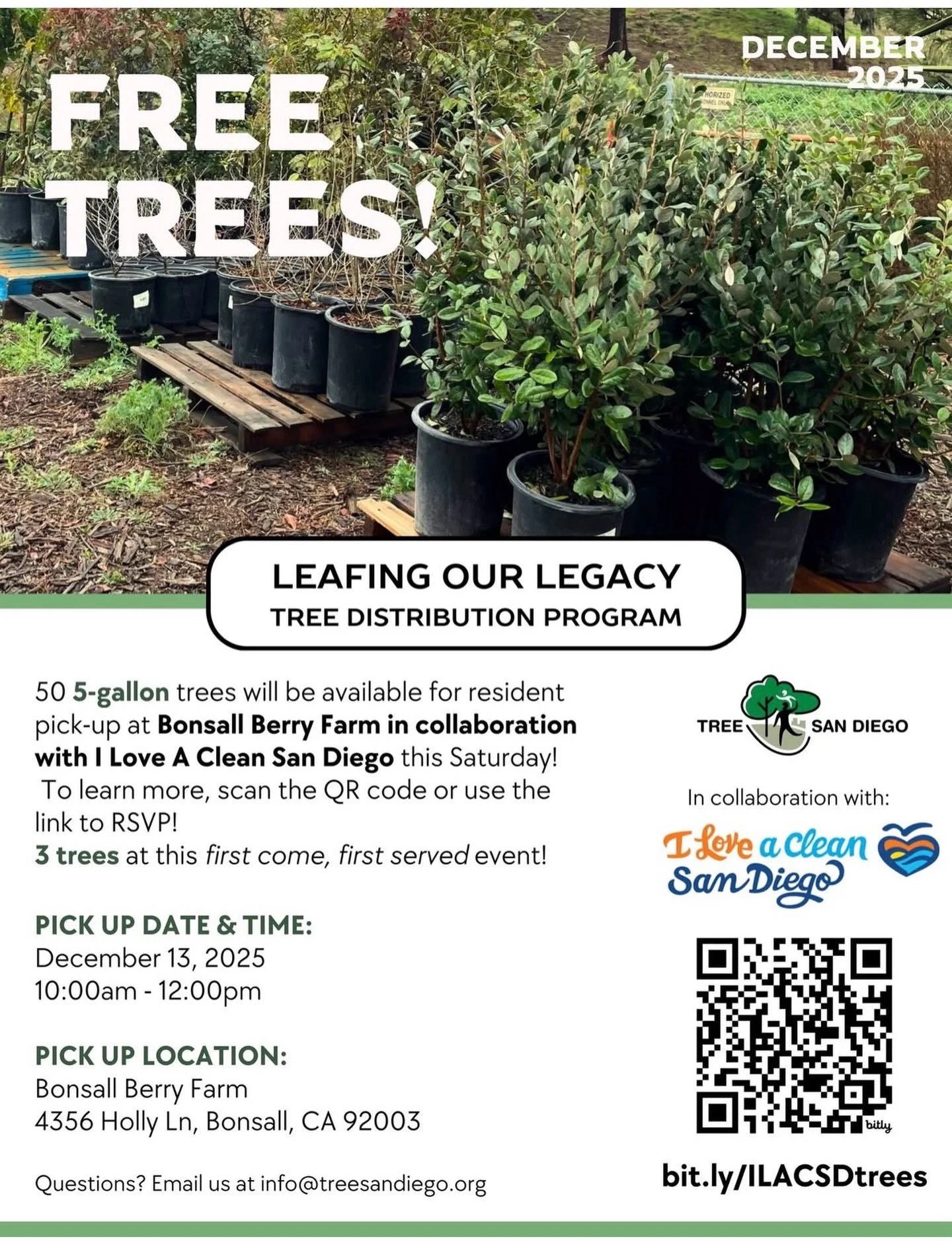 FREE TREES IN BONSALL 🌳
✨✨

We&rsquo;re partnering with Tree San Diego @tree.sandiego and I Love A Clean San Diego to give away 50 five-gallon trees at Bonsall Berry Farm!

Come pick up up to 3 trees per household (first come, first served) and help