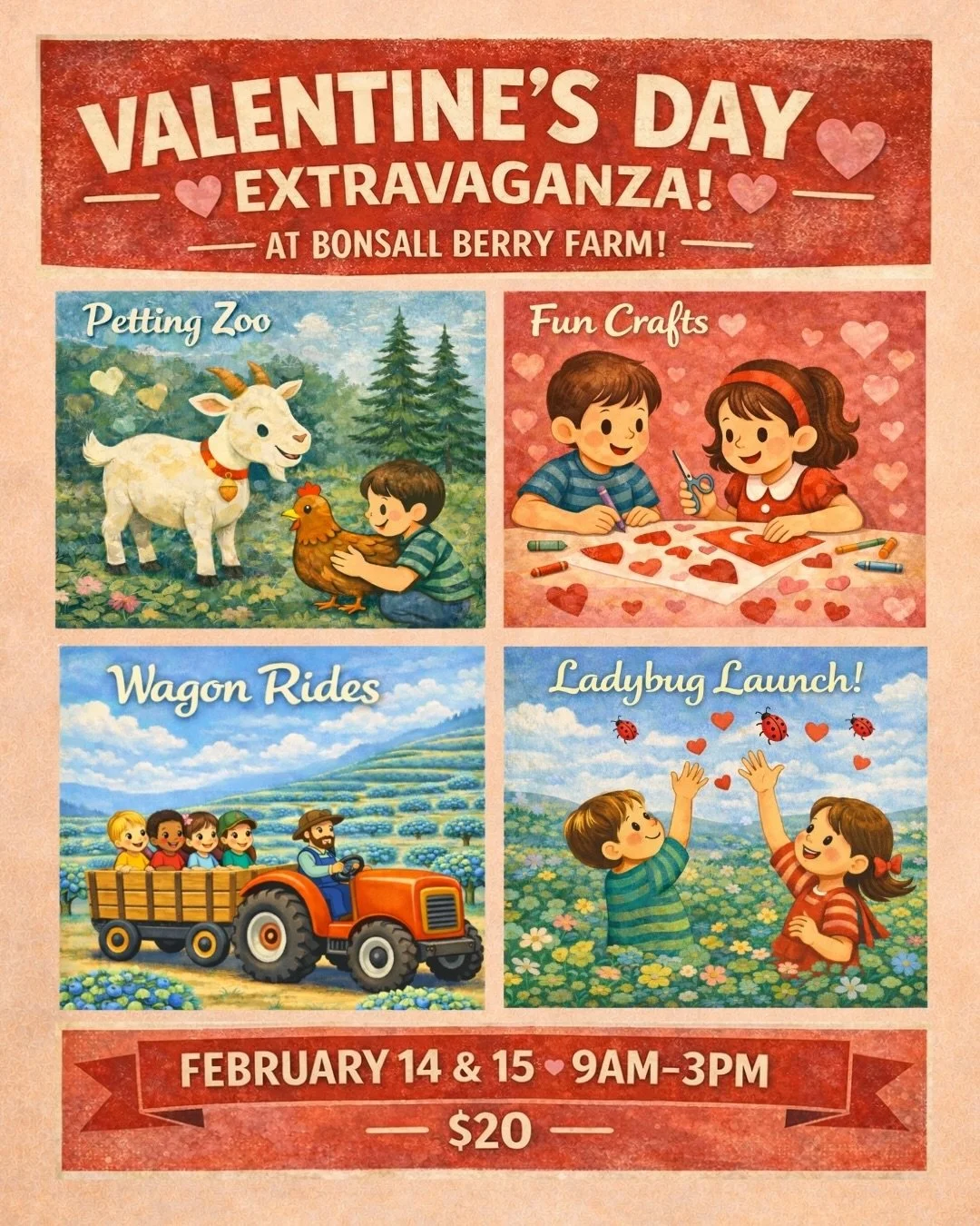 💘 Valentine&rsquo;s Day Extravaganza at Bonsall Berry Farm 💘

Come celebrate Valentine&rsquo;s Day with us and enjoy a joy filled day on the farm with the people you love most. Slow down,laugh together, and make sweet family memories. 🚜🌸

✨ What&