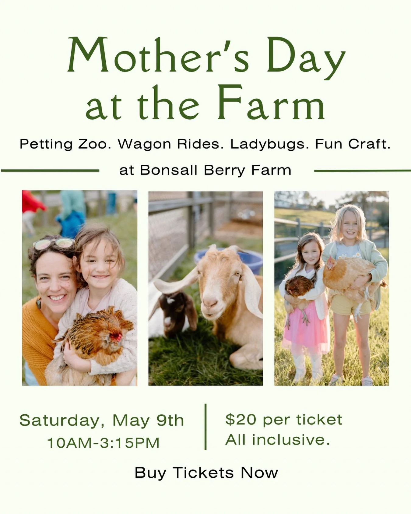 🌸 Mother&rsquo;s Day at Bonsall Berry Farm 🌸
Saturday, May 9 | 10:00 AM to 3:15 PM

Celebrate Mother&rsquo;s Day with a fun and peaceful day out on the farm, surrounded by beauty, fresh air, and time together. Your ticket includes:

&bull; 🚜 Wagon