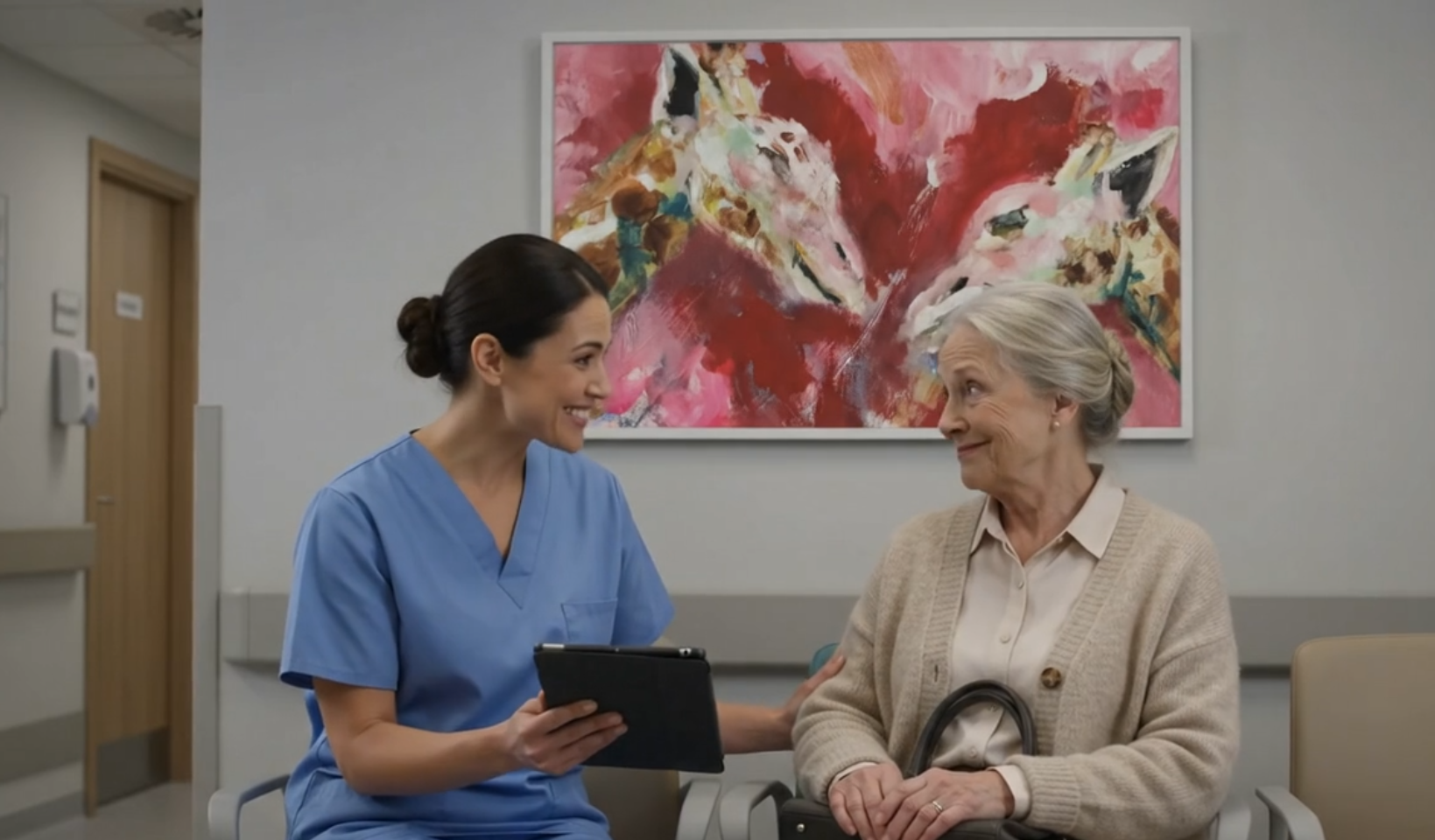 A nurse in blue scrubs smiling and holding a clipboard talking to an elderly woman with gray hair, wearing a beige cardigan, in a hospital waiting area with a colorful abstract painting on the wall behind them.