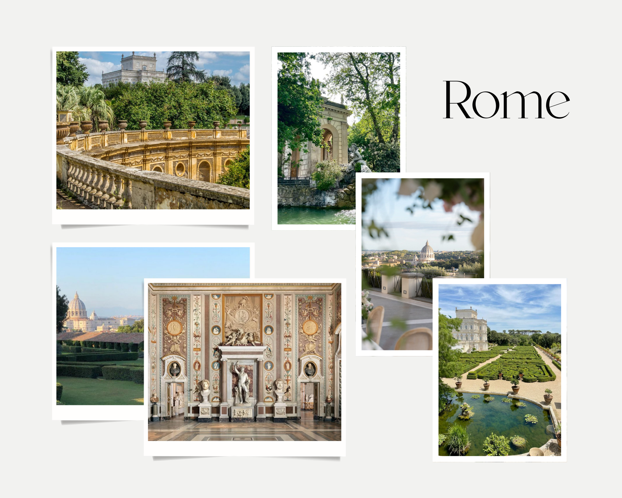 A collage of images of Rome, including the Vatican Gardens, historic architecture, a grand staircase with statues, and lush gardens.