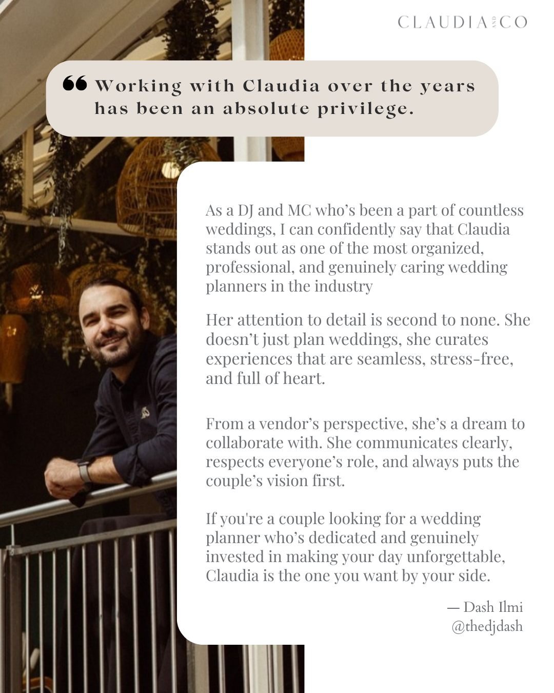 Feeling so grateful for kind words like these 🤍

Thank you @thedjdash for being such a thoughtful, talented partner over the years. 

At Claudia and Co., we believe great weddings are built on great teams, and we&rsquo;re so lucky to work with peopl
