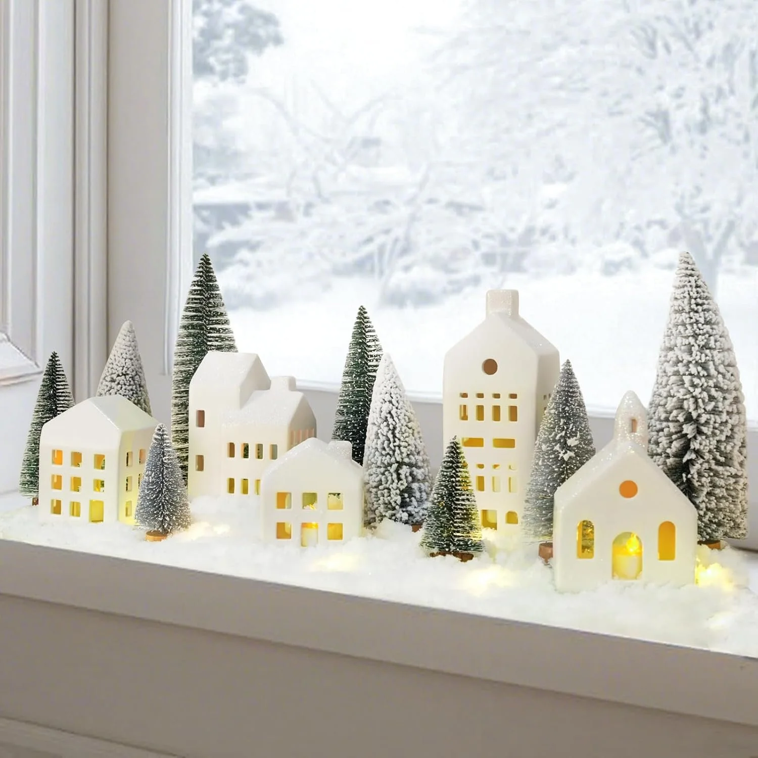  Rating is 5 —  Christmas Village Sets of 5 Ceramic Houses with LED Lights Remote and 9 Trees  
