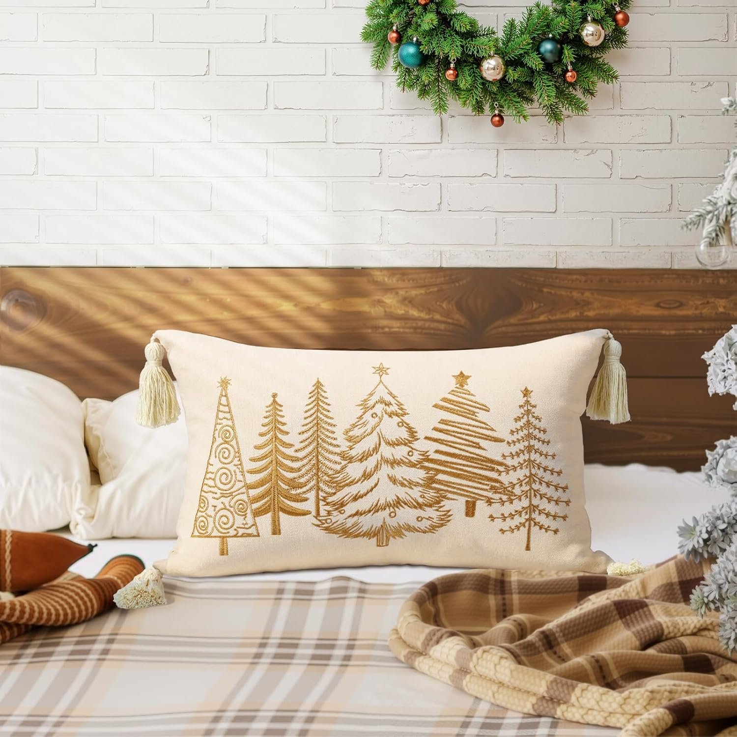  Rating is 4.6 — Embroidery Trees Christmas Pillow Cover (12x20 Inch) - brown &amp; white  