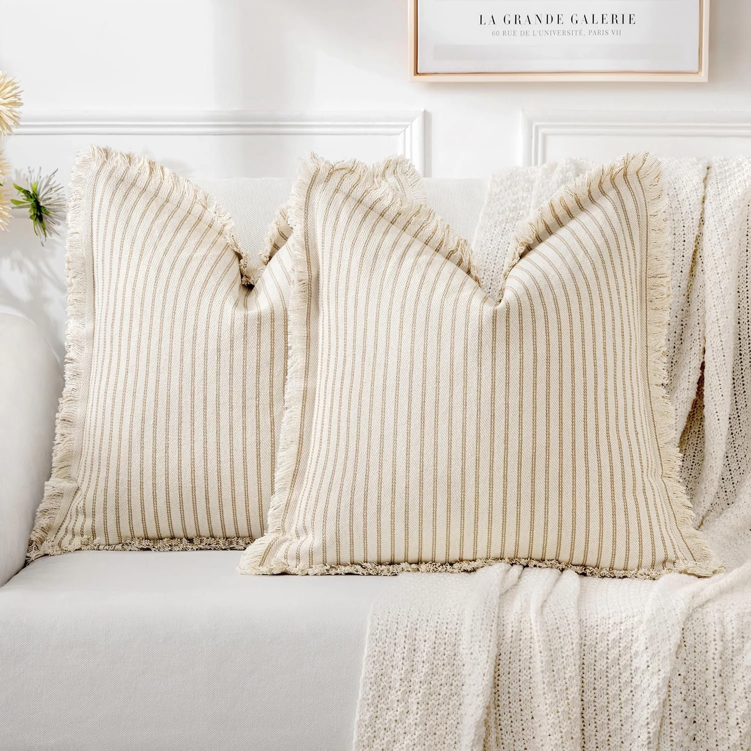  Rating is 4.3 — Khaki Throw Pillow Covers with Fringe Linen-  18x18 Inch 