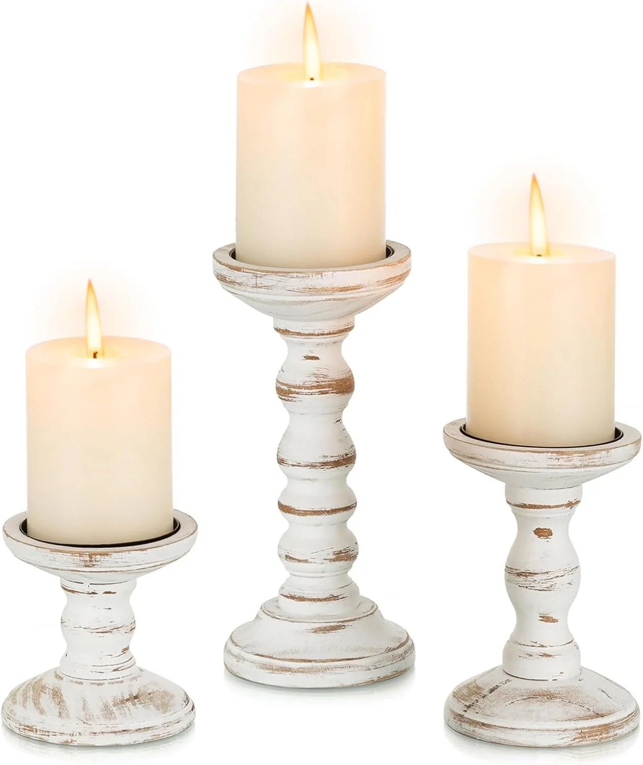  Rating is 4.7 — Wood Candle Holders for Pillar Candles - Set of 3 -  Brown Whitewashed - 3.9"/6"/ 8.3" 