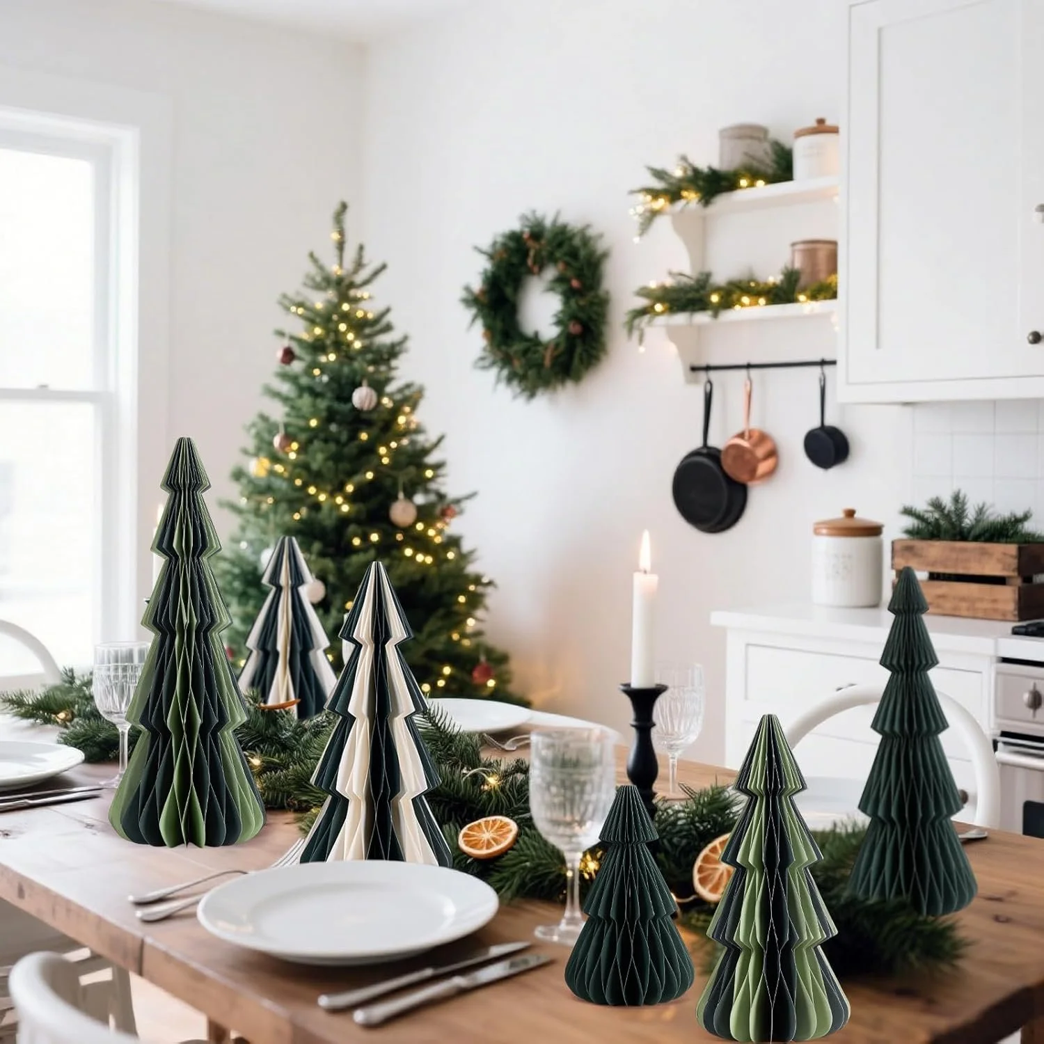 Honeycomb Paper Christmas Trees Green and White