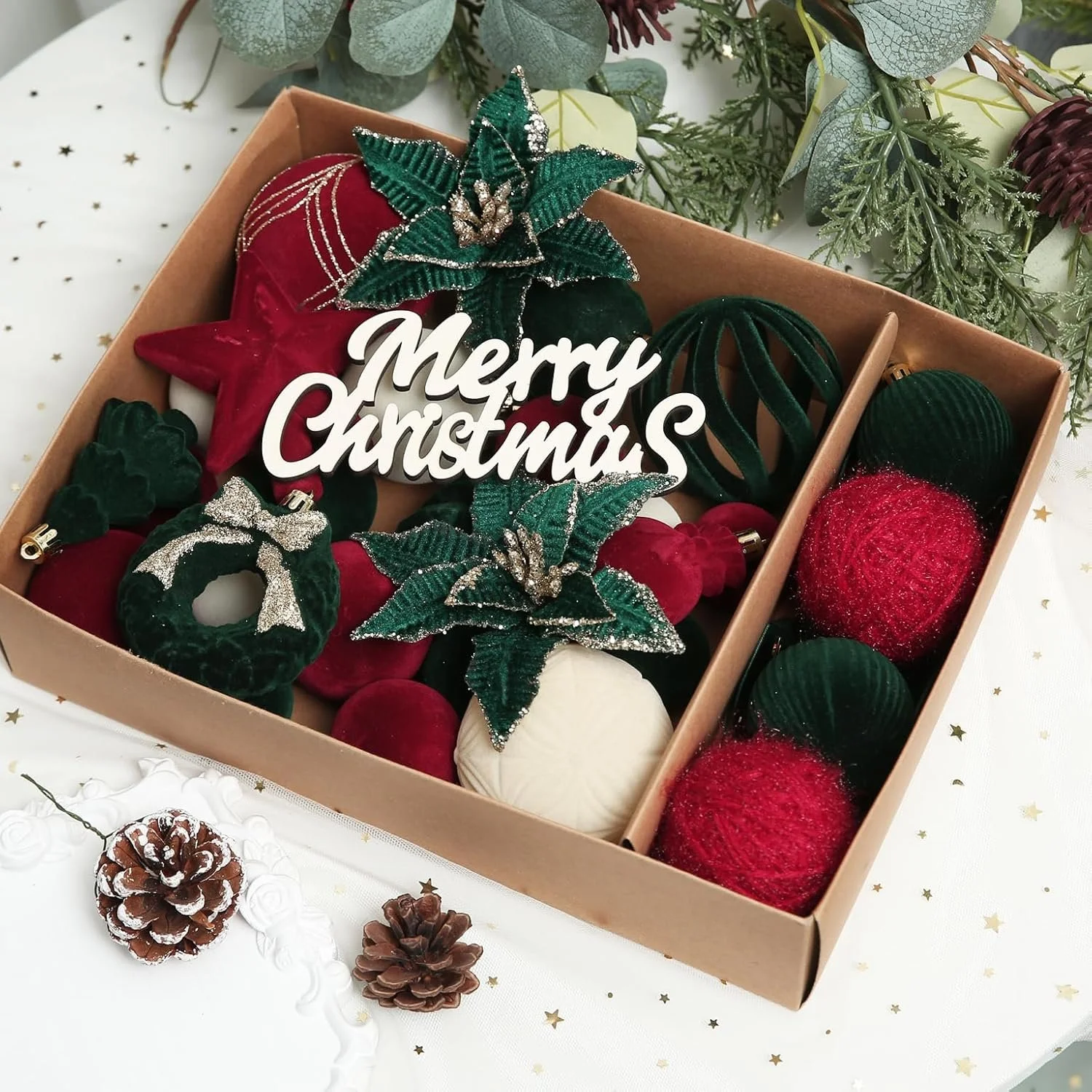 Cream Green Red Velvet Ornaments