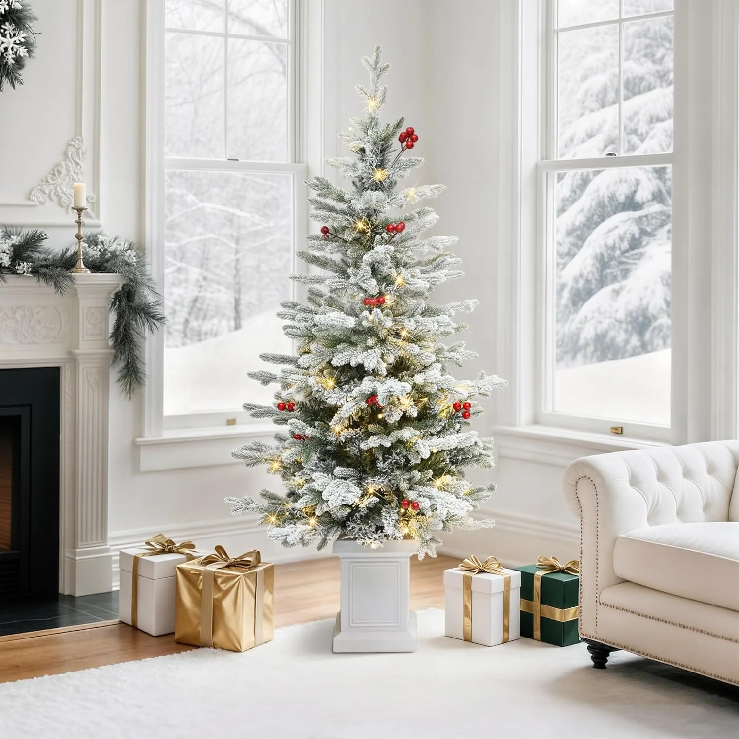 6ft Potted Pre-Lit Flocked Arctic Fir Pencil  Christmas Tree
