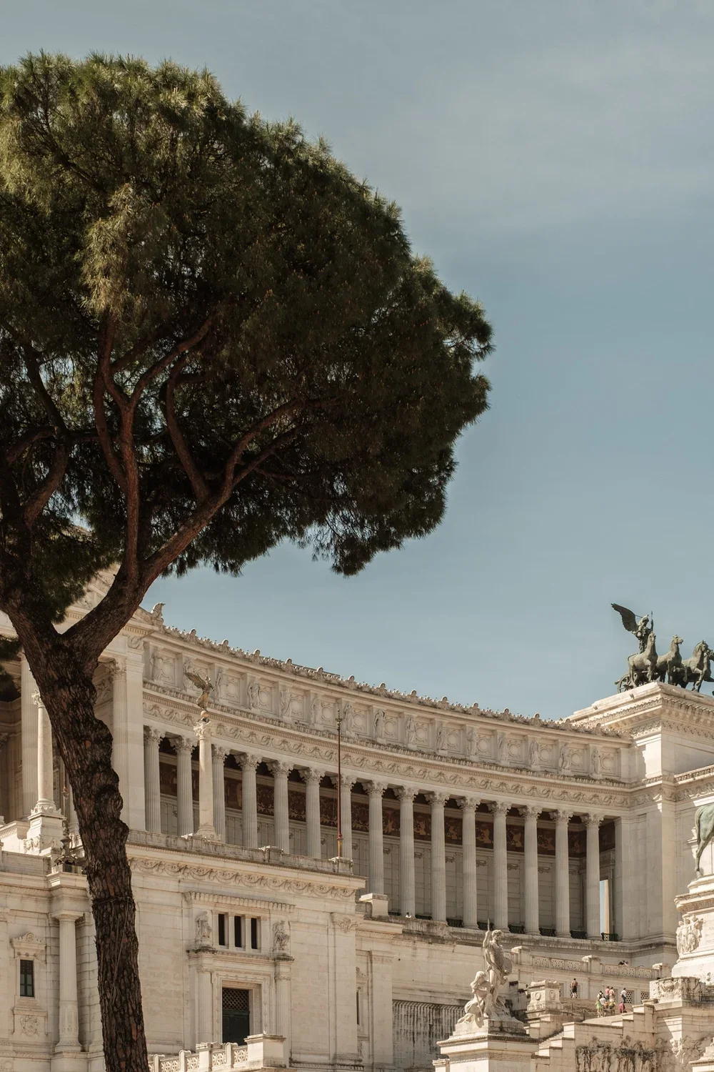 Historic white marble building with columns and statues, with a large tree in the foreground and a clear sky in the background.