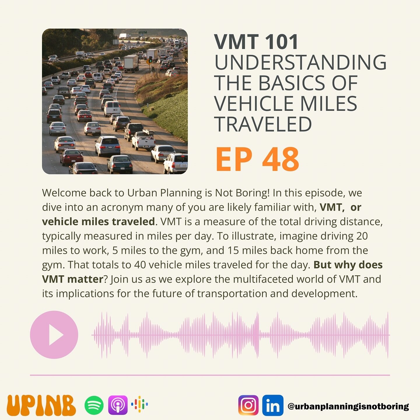Welcome back to Urban Planning is Not Boring! In this episode, we dive into an acronym many of you are likely familiar with, VMT. We start by breaking down the concept of VMT - vehicle miles traveled - which essentially measures the total distance tr