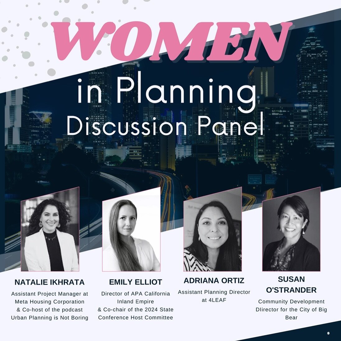 Our very own @natalieikhrata will be joining amazing representatives from @inlandempireapa, 4LEAF, and City of Big Bear Community Development for a Women in Planning Discussion Panel at @calpolypomona ! We are so proud of you, Nat! 🫶
