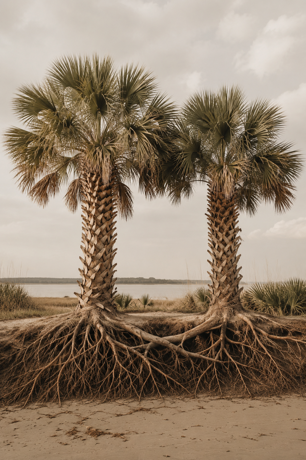 Two palm trees with roots in sandy ground near a body of water, under a cloudy sky.
