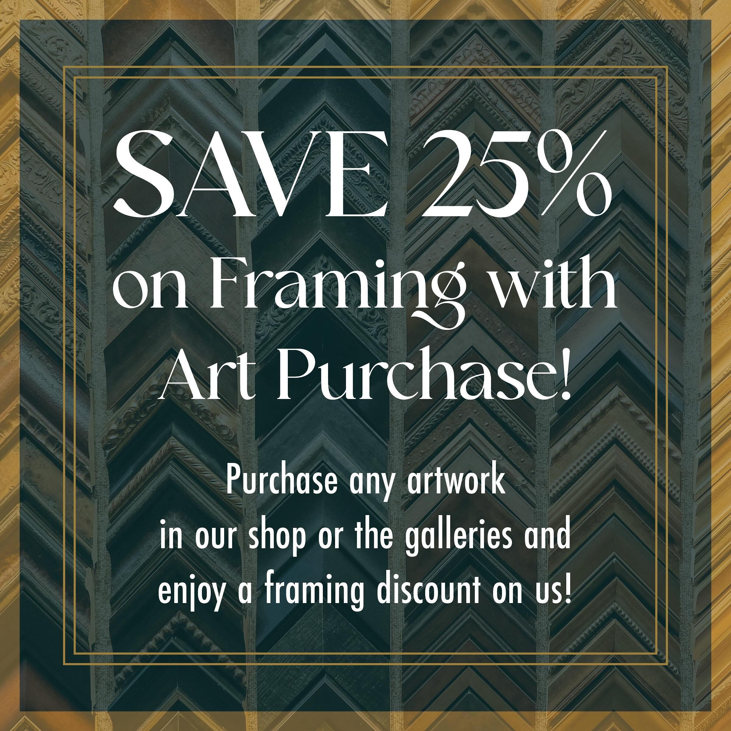 We&rsquo;re trying out something new! We have some really incredible artwork (prints, originals, etchings, etc) in our shop from local artists and beyond. Starting now, when you purchase artwork in the shop or our galleries, enjoy 25% off your framin
