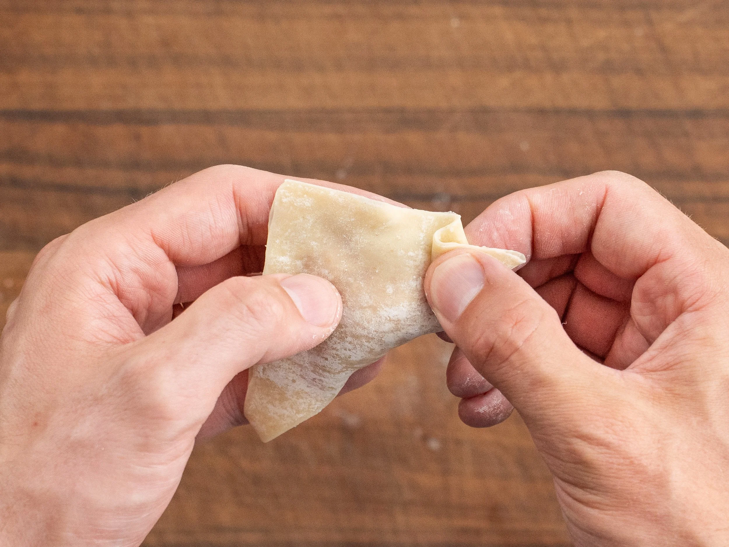 hands folding a wonton wrapper