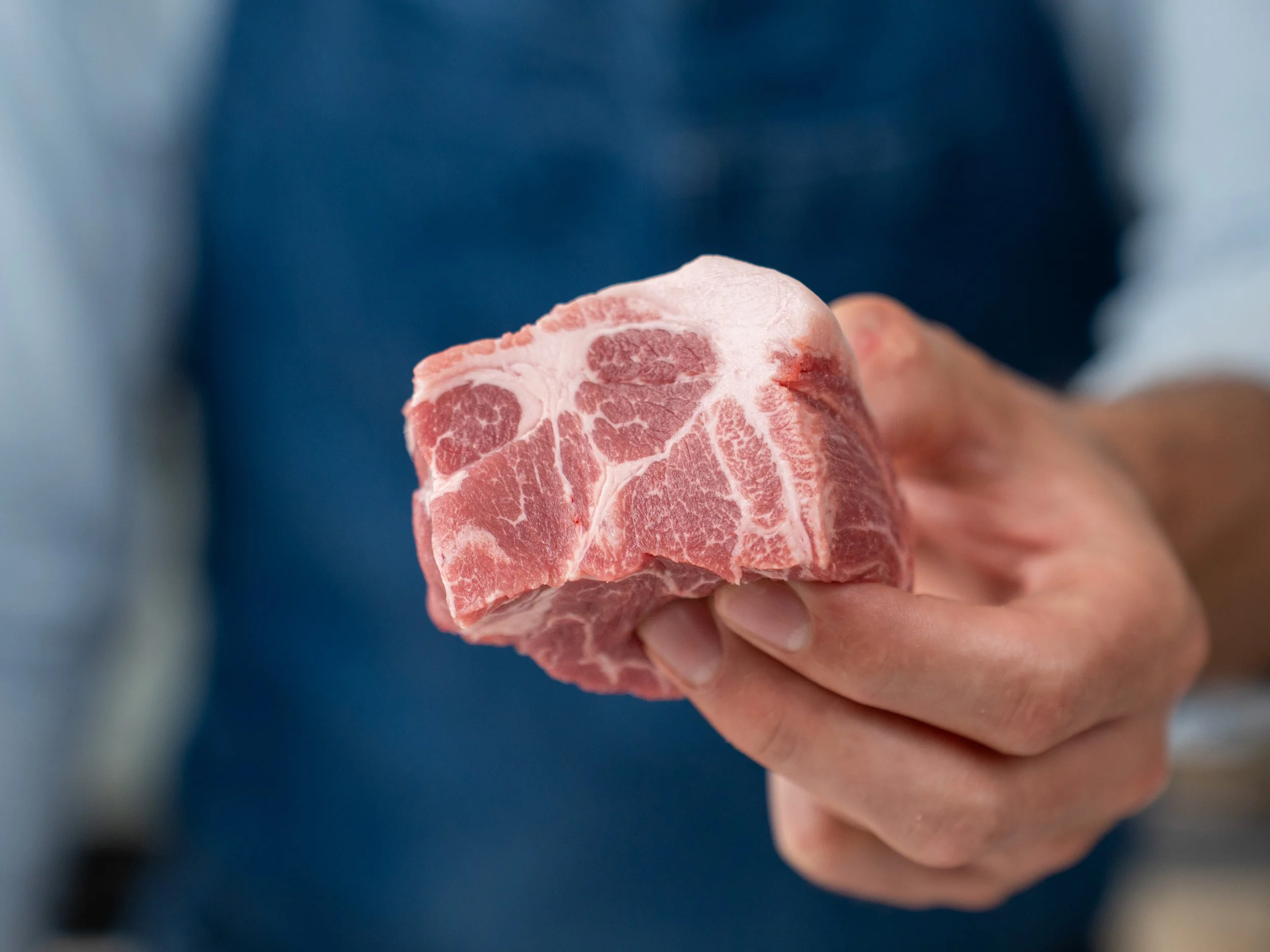 hand holding a cut piece of pork shoulder