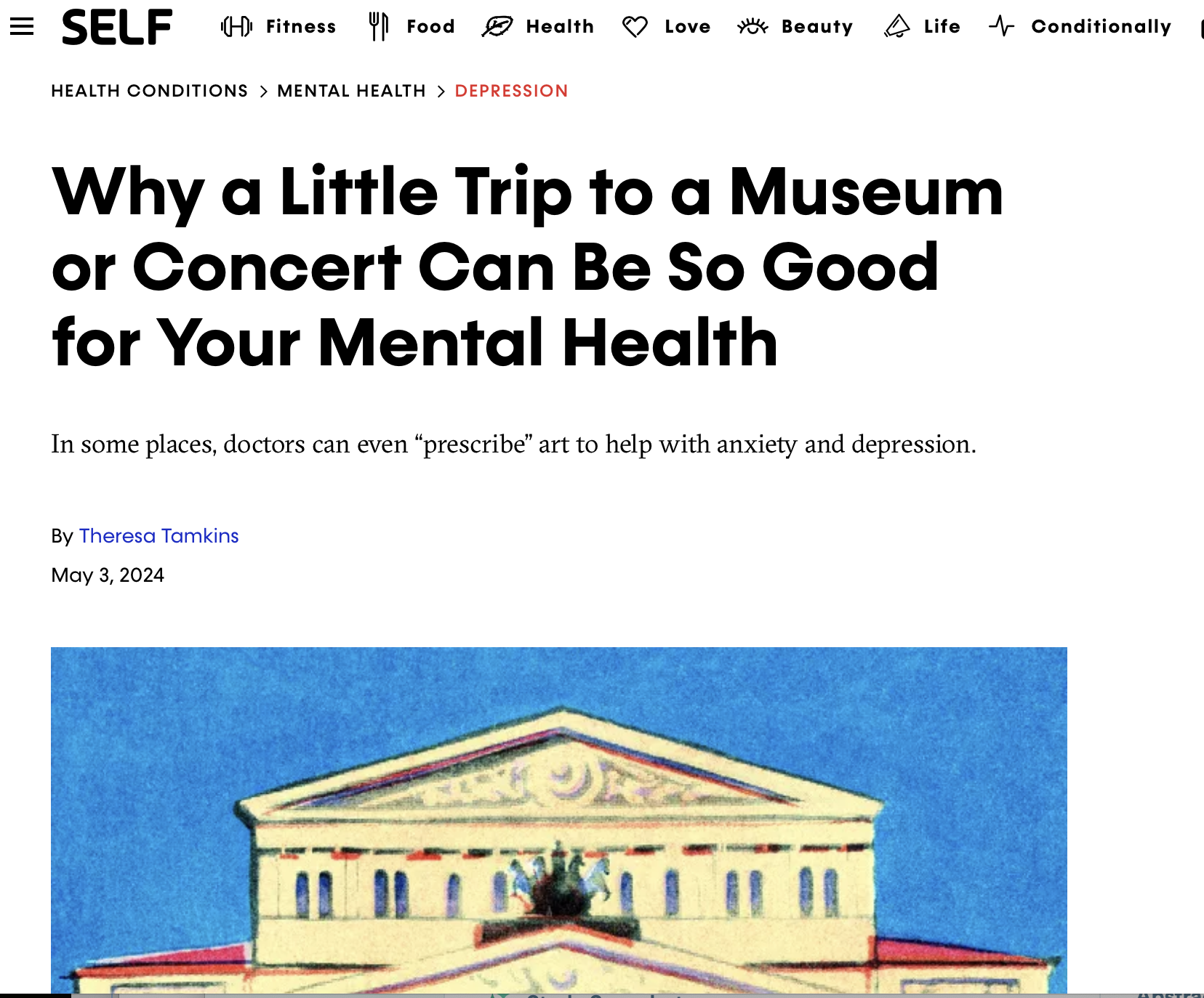 Screenshot of an article webpage titled 'Why a Little Trip to a Museum or Concert Can Be So Good for Your Mental Health' with a partially visible colorful illustration of a building, likely a museum.