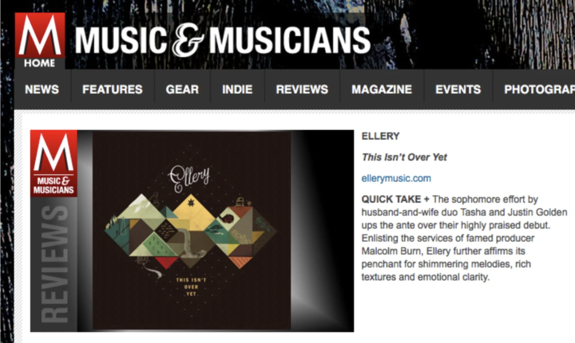 Music & Musicians website featuring Tasha Golden's (Ellery's) album 'This Isn’t Over Yet', with album cover art showing stylized mountains and a winding river.