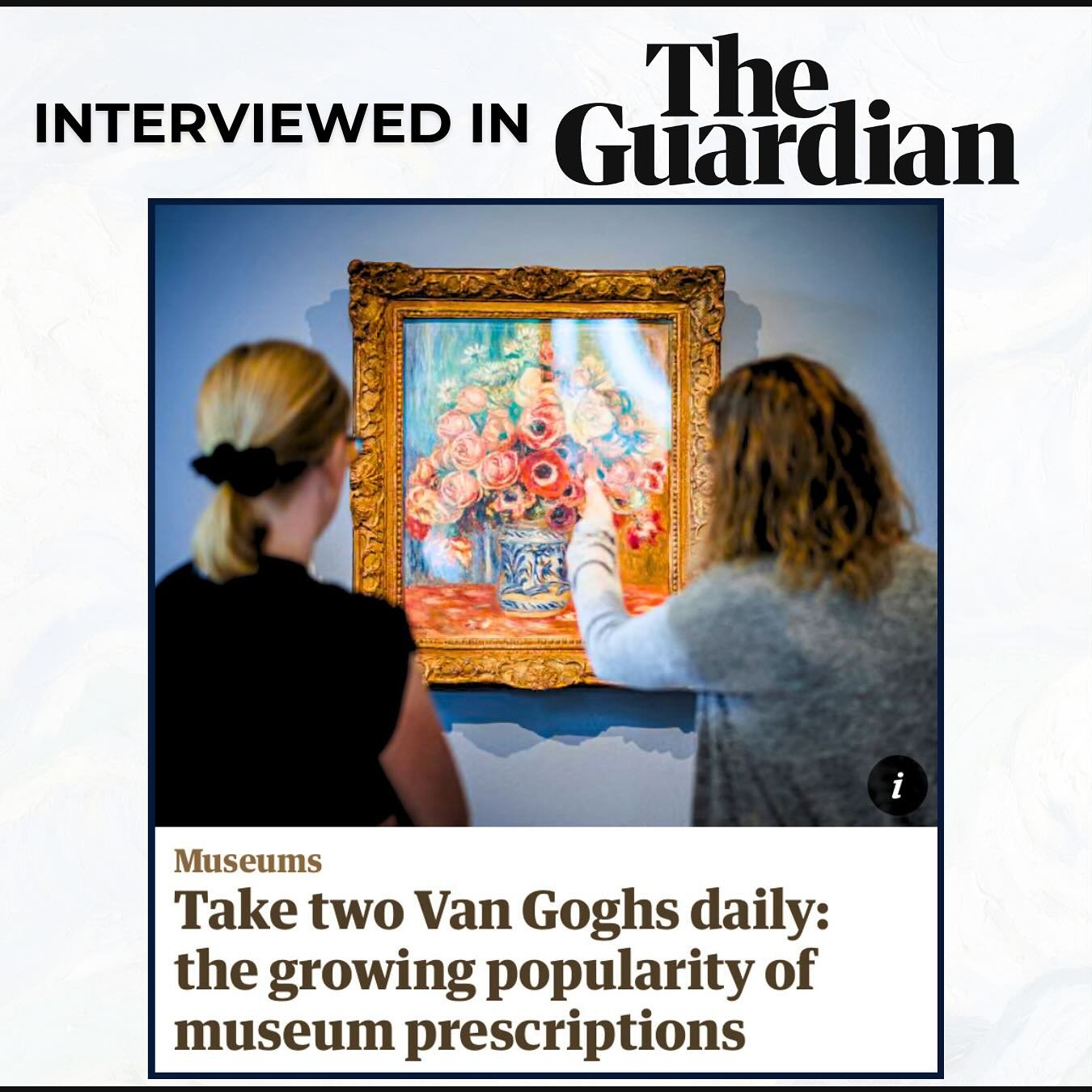 I was recently interviewed by The Guardian for their article: &ldquo;Take two Van Goghs daily: The growing popularity of museum prescriptions&rdquo;

Slides = a few quotes + additional thoughts!

Full article link in bio 🙌

❓What do you think about 