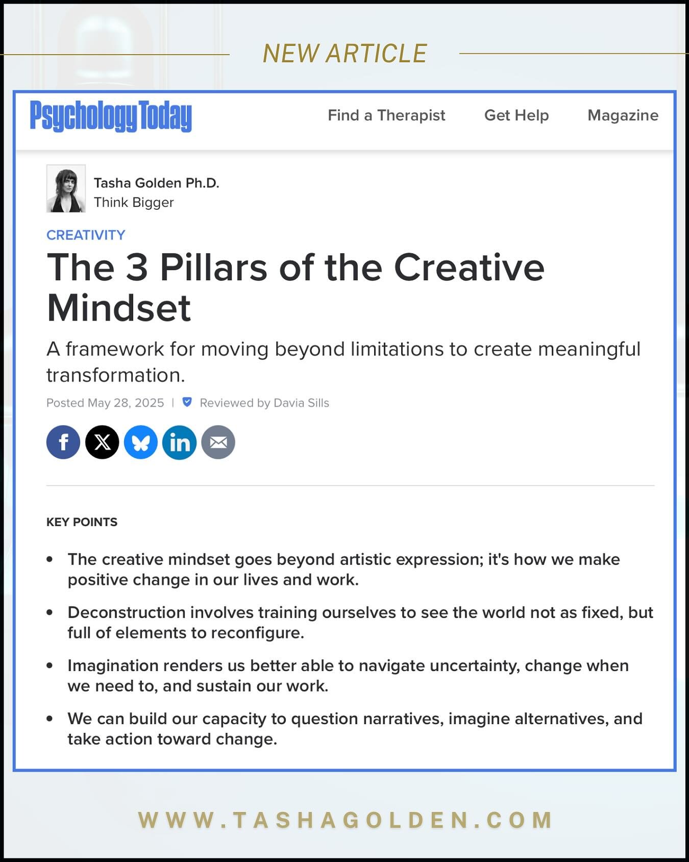 🚨New article in Psychology Today: &ldquo;The 3 Pillars of the Creative Mindset&rdquo;. 
It&rsquo;s &ldquo;a framework for moving beyond limitations to create meaningful transformation.&rdquo;

Slides = quotes &amp; more ✨

➡️&ldquo;The creative mind