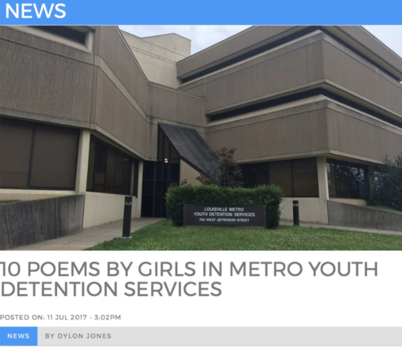 News article called "10 Poems by Girls in Metro Youth Detention Services." Features a photo of the exterior of the Louisville Metro Youth Detention Services building, with a sign displaying the address, includes bushes and a concrete pathway.