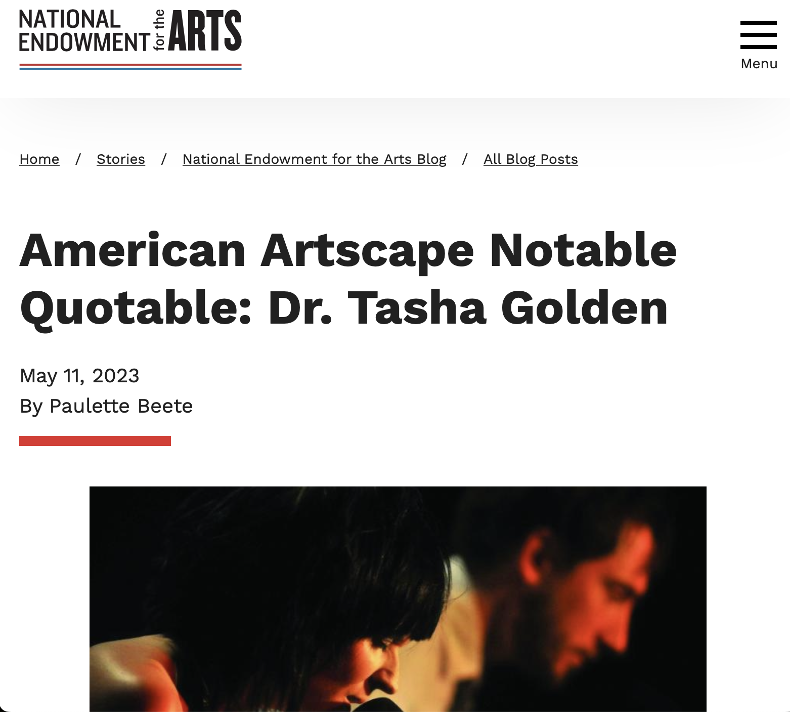 Screenshot of a webpage titled "American Artscape Notable Quotable: Dr. Tasha Golden" from the National Endowment for the Arts website, featuring an article by Paulette Beete dated May 11, 2023, with a partially visible photograph of two people.