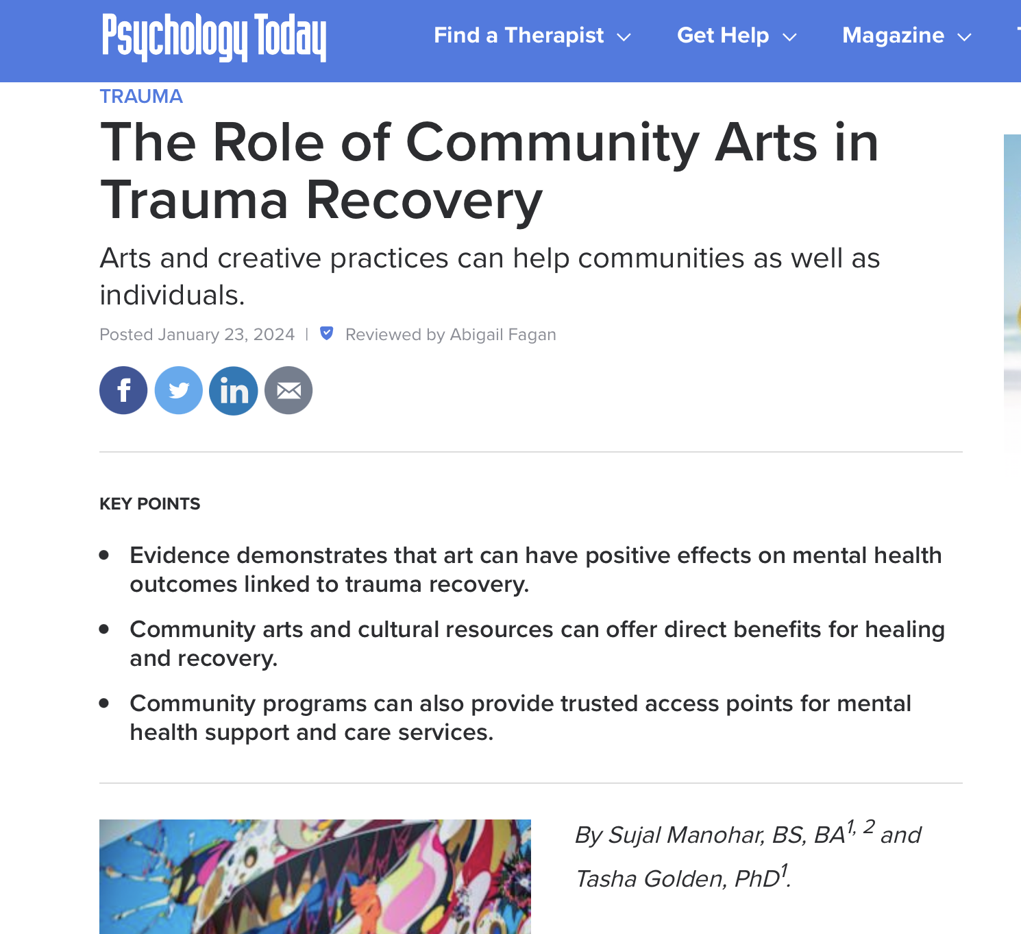 The webpage titled 'Psychology Today' features an article on community arts in trauma recovery, posted January 23, 2024, coauthored by Dr. Tasha Golden.