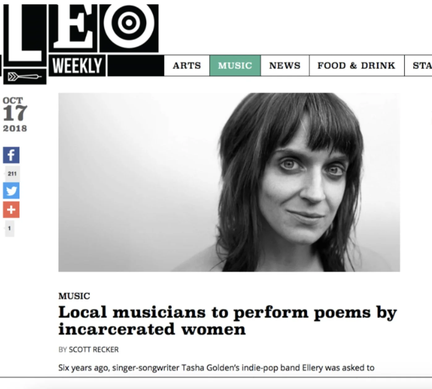 Screenshot of a webpage with a headline about local musicians performing poems by incarcerated women. Features an image of Dr. Tasha Golden.
