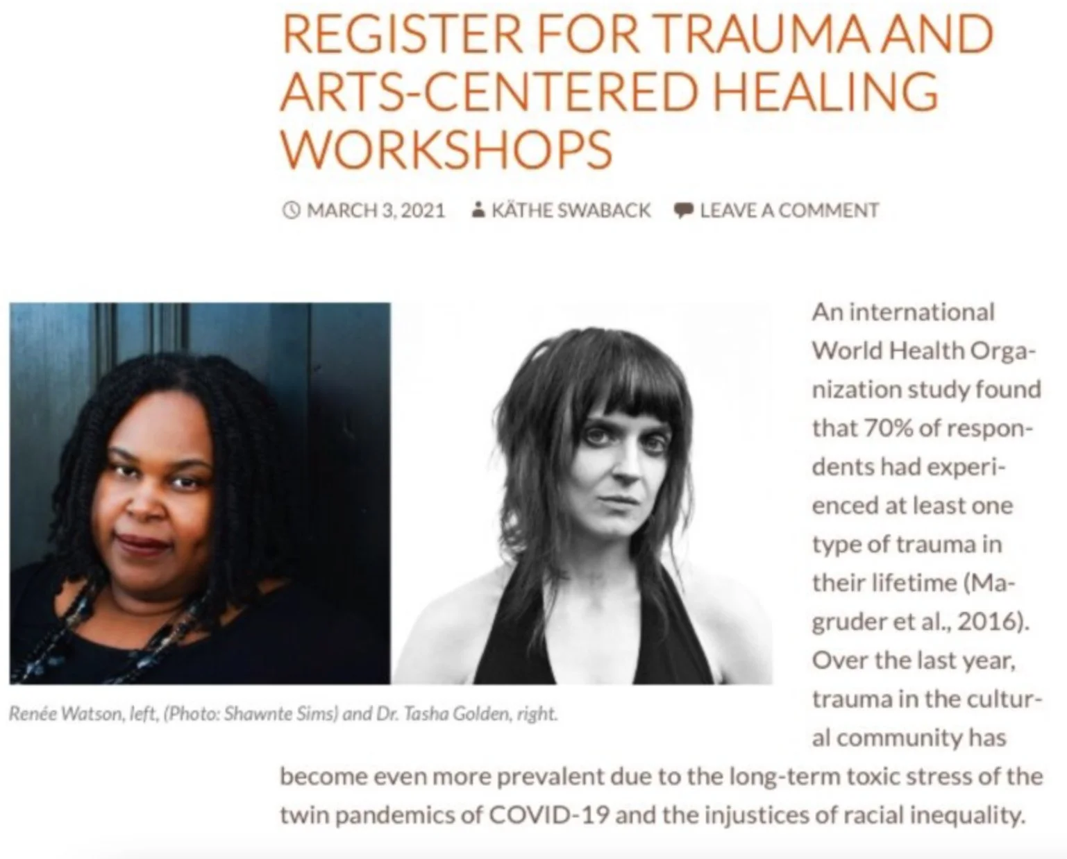 A webpage header announcing registration for trauma and arts-centered healing workshops, with a photo of two women: Renée Watson on the left, smiling with dark curly hair, and Dr. Tasha Golden on the right, with shoulder-length dark hair and bangs, b