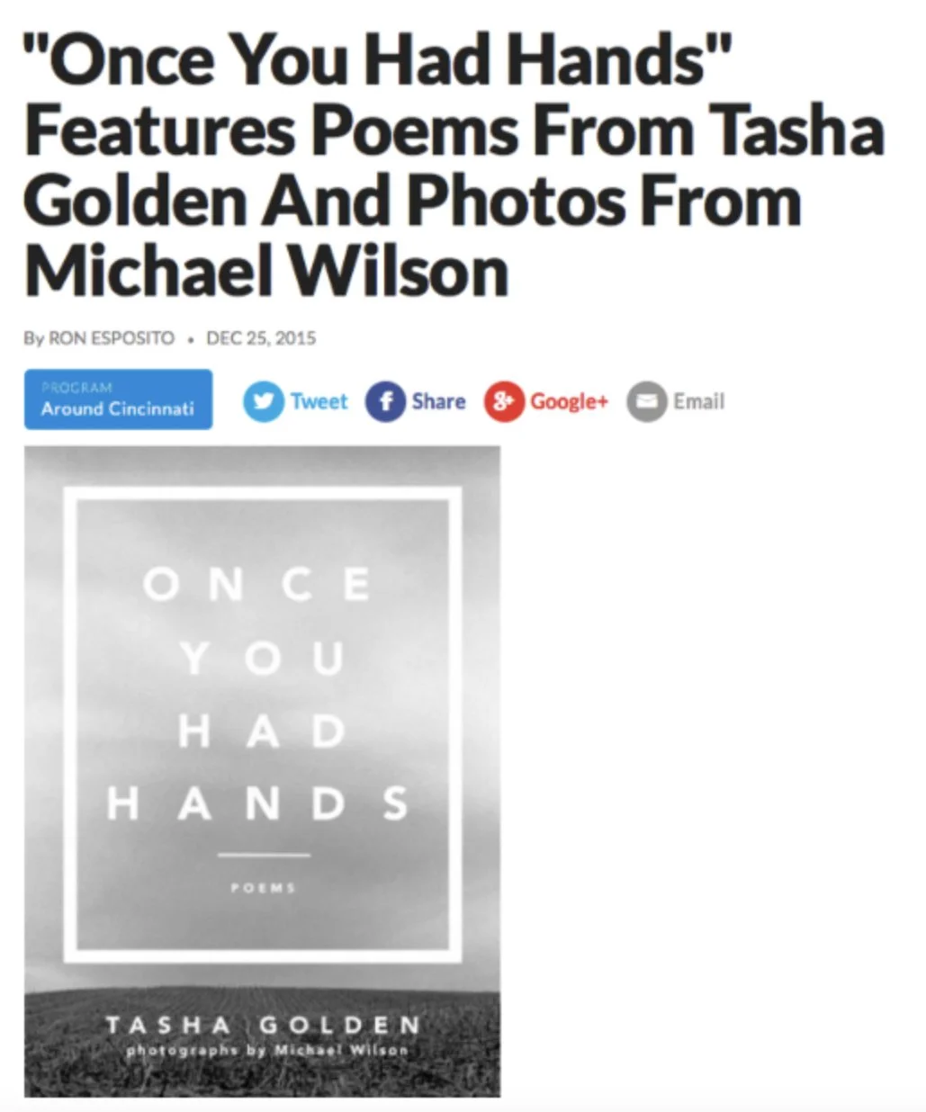 Screenshot of review on public radio site called "Once You Had Hands' features Poems from Tasha Golden and Photos from Michael Wilson." Image features the book cover for 'Once You Had Hands'
