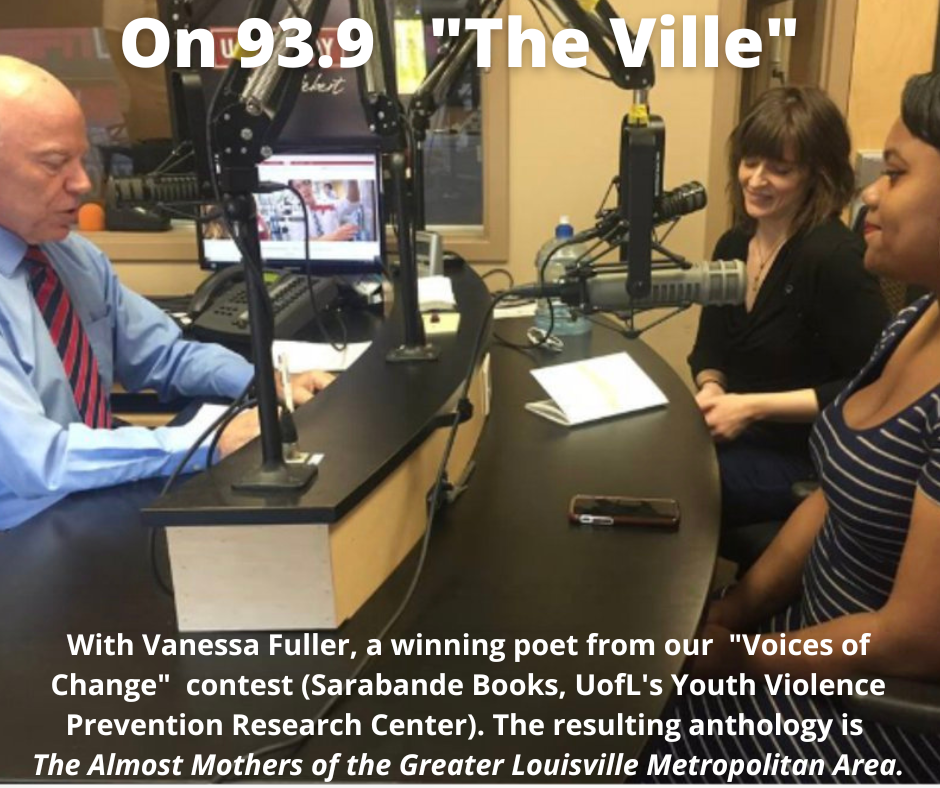 Radio interview with Vanessa Fuller, a poet, and Dr. Tasha Golden, in the studio of 93.9 'The Ville.' Both sit at a table across from the host, speaking into a microphone, with radio equipment and a computer monitor in the background.