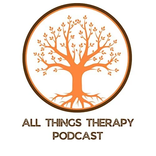 Logo of a tree with orange leaves inside a circle and the text "All Things Therapy Podcast."