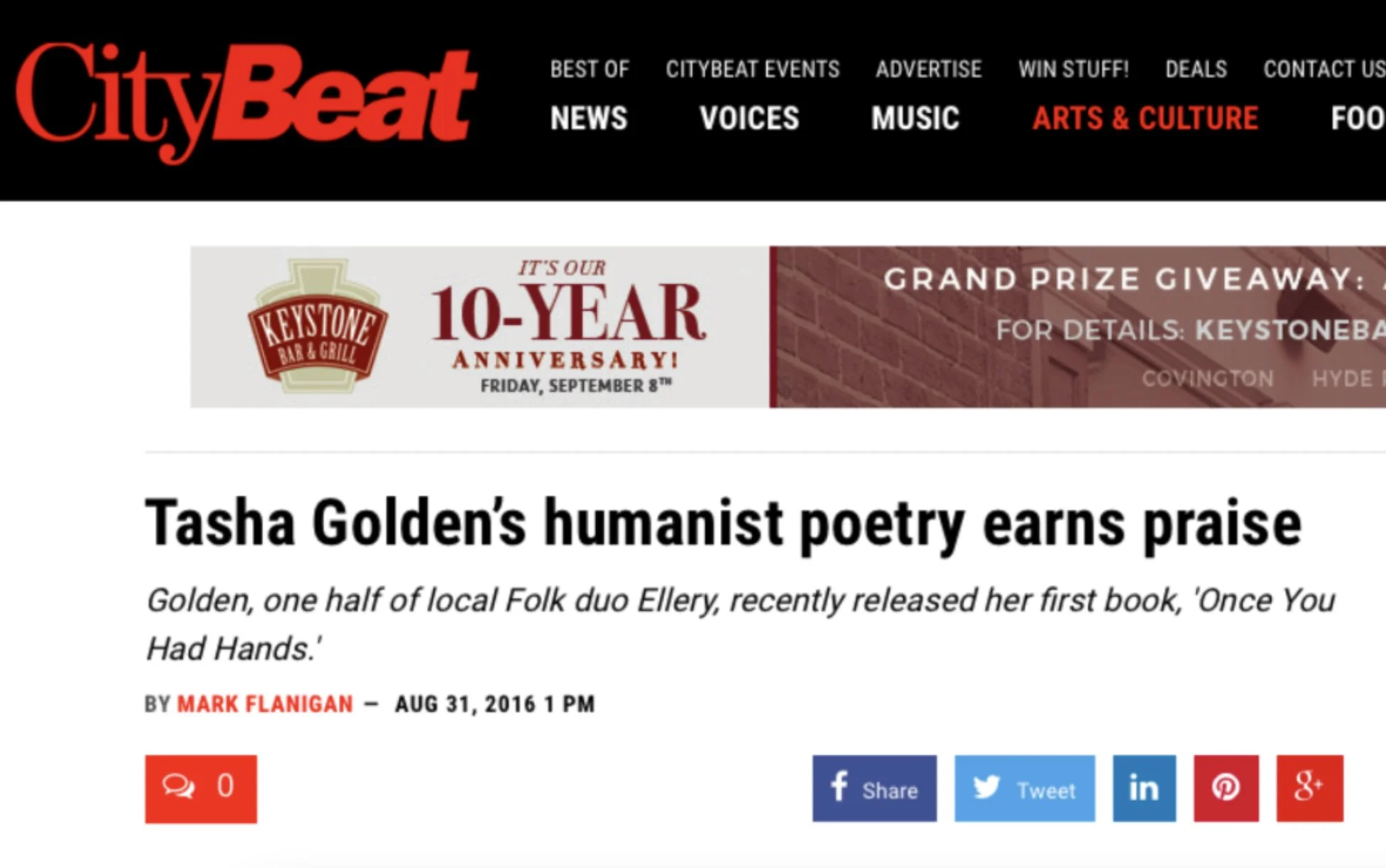CityBeat website article with headline 'Tasha Golden's humanist poetry earns praise'