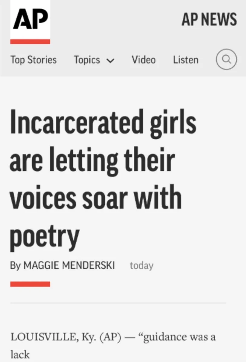 Screenshot of an AP News article titled "Incarcerated girls are letting their voices soar with poetry" by Maggie Menderski.