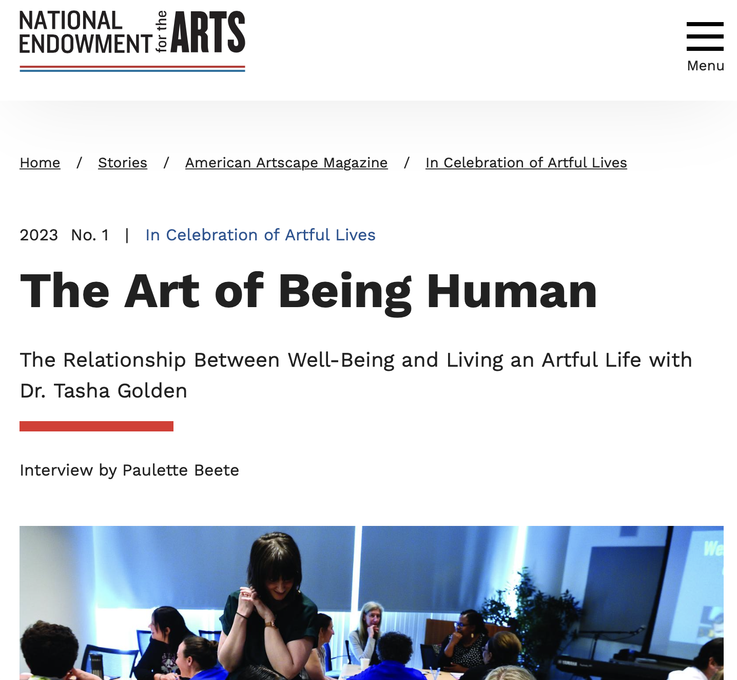 Screenshot of NEA article titled "The Art of Being Human", in which Dr. Tasha Golden is interviewed.