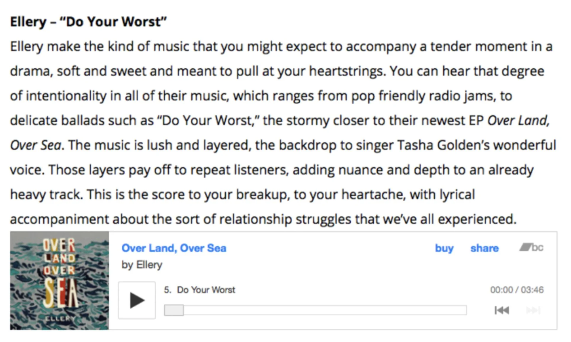 Screenshot of a review of Tasha Golden's band Ellery's "Over Land, Over Sea" EP, focused on the song "Do Your Worst".